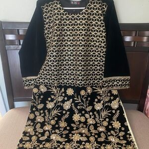 Elegant Black and Gold Embroided Velvet Kurta Dress